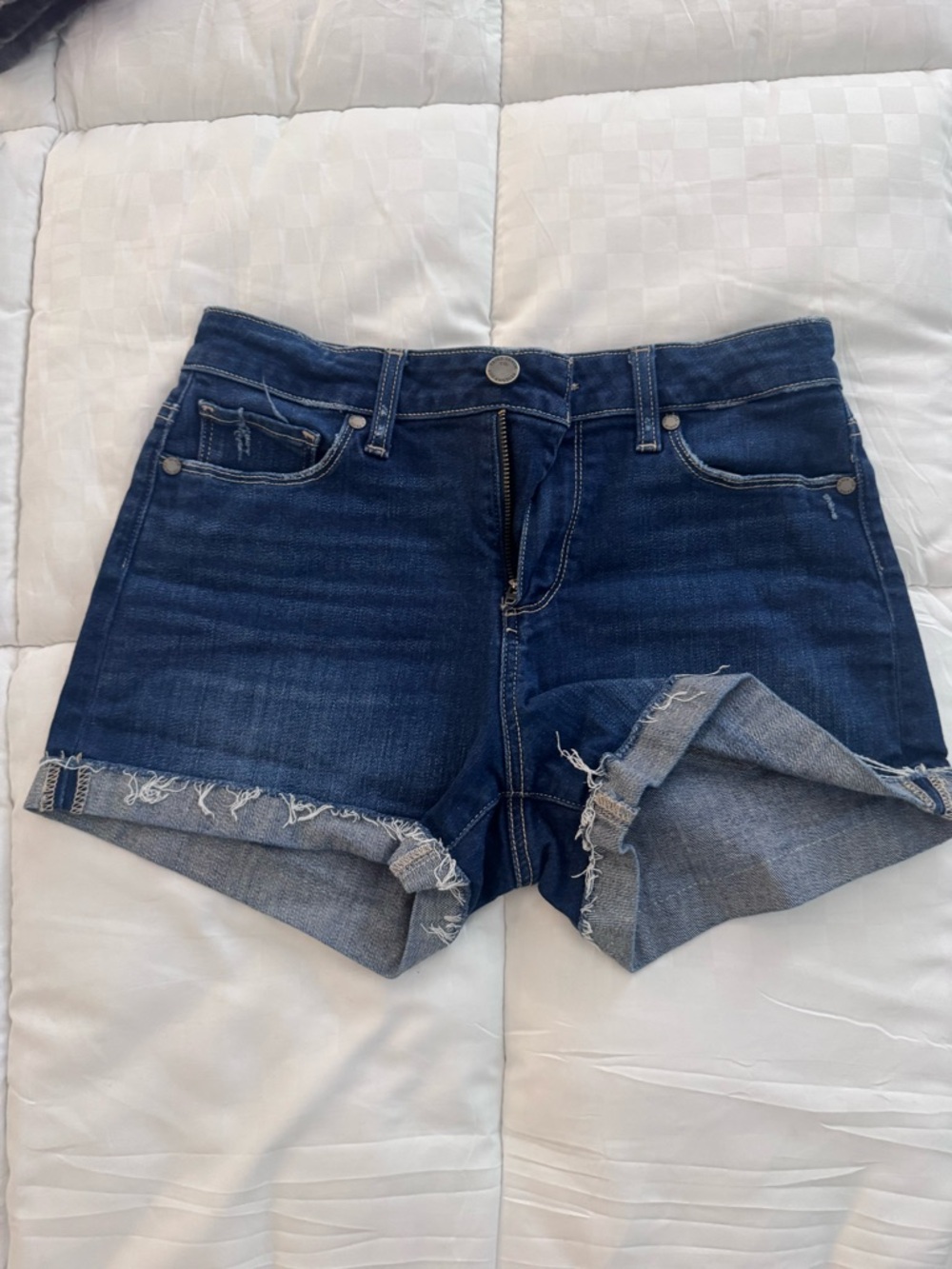 PAIGE Dark Blue High-Rise Cutoff Denim Shorts